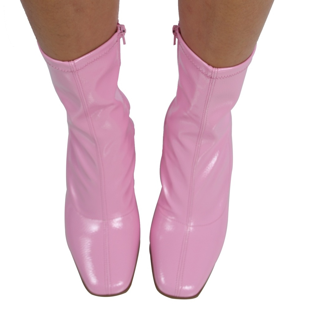 Pink Square Toe Mid Calf Block Heel Ankle Bootie - Picture 7 of 9